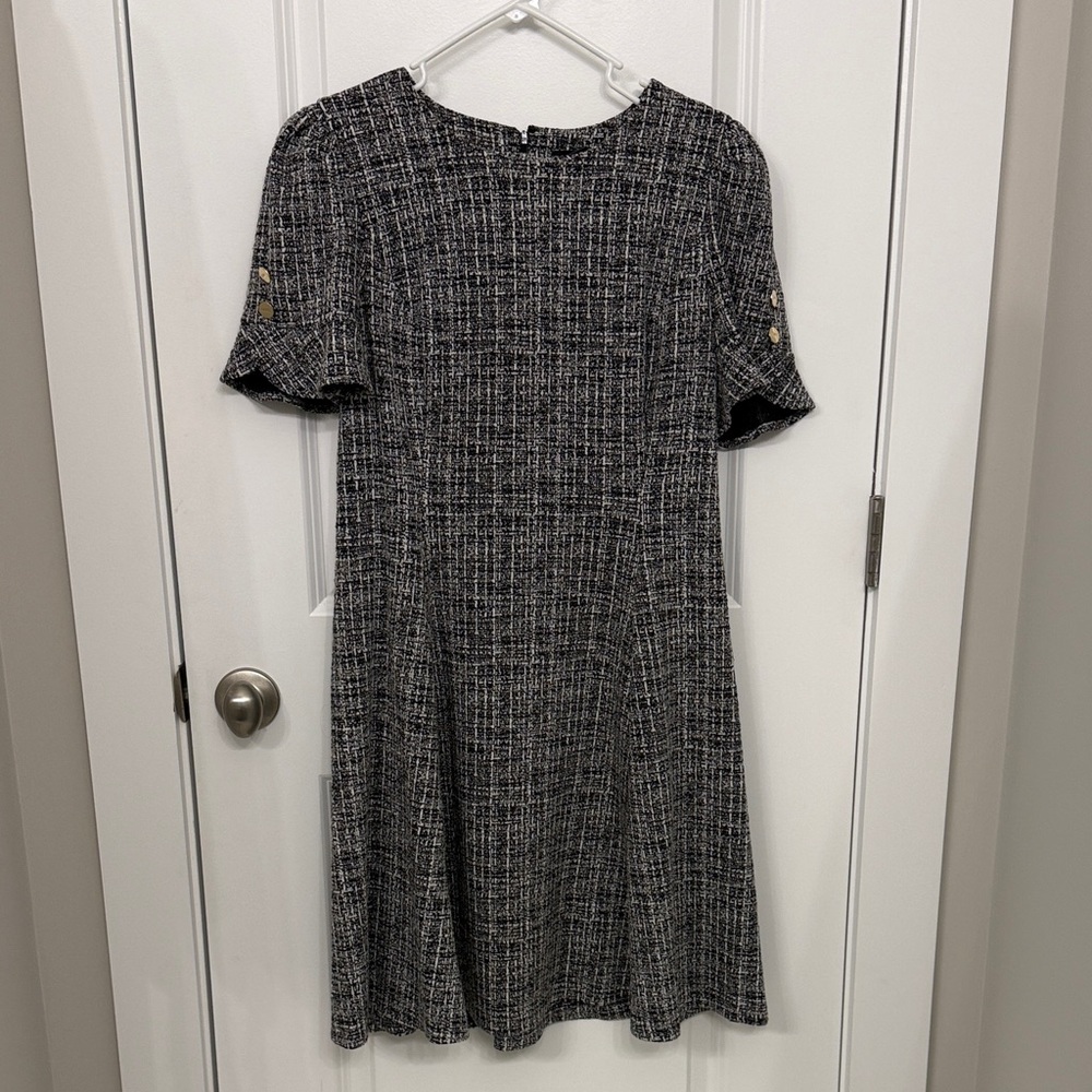 DKNY Black and White Tweed Midi Dress